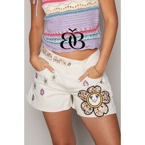 POL Creamy Beige Floral & Star Embroidered Mid Rise Denim Shorts